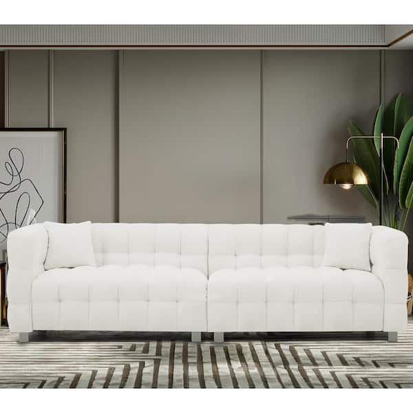 102 in. Wide Square Arm Teddy Polyester Modern Rectangle Upholstered Sofa in White