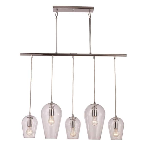Bel Air Lighting 5-Light Polished Chrome Spiral Socket Kitchen Island Pendant Light Fixture with Clear Glass Shades