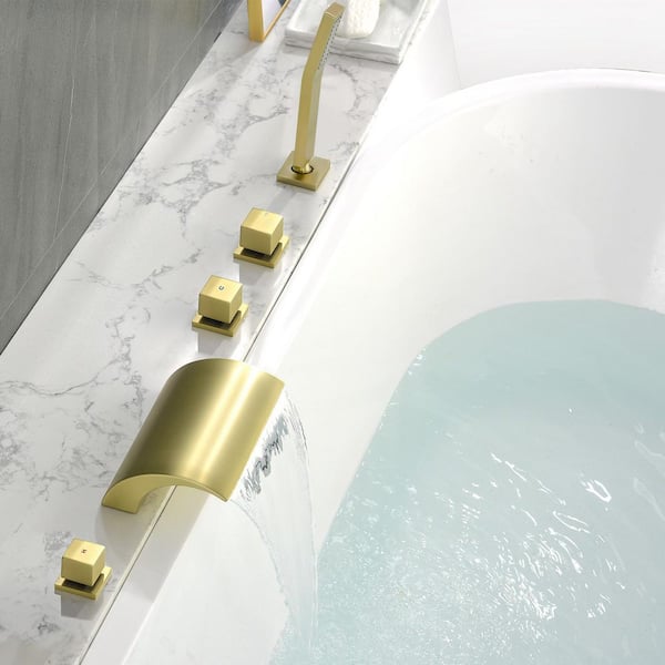 3-Handle Deck-Mount Waterfall Roman Tub Faucet with Hand Shower in Brushed Gold