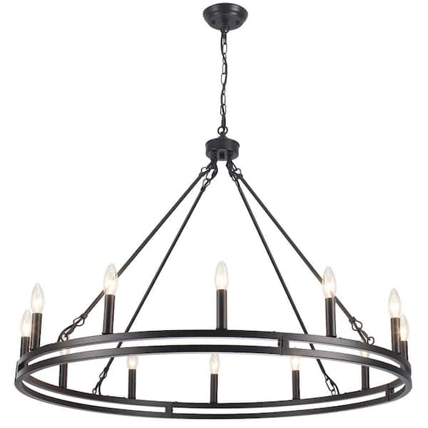 38 in. 12-Light Matte Black Modern Farmhouse Candle Style Dimmable Wagon Wheel Chandelier for Living Room Foyer