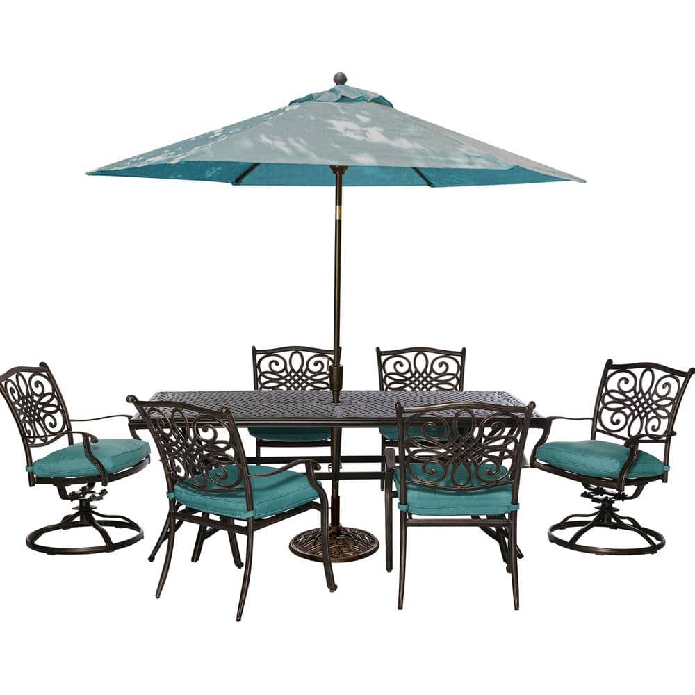 Hanover Traditions 7 Piece Outdoor Rectangular Patio Dining Set 2 Swivel Rockers Umbrella And Base With Blue Cushions Traddn7pcsw B Su The Home Depot - Patio Dining Sets With Umbrella Home Depot