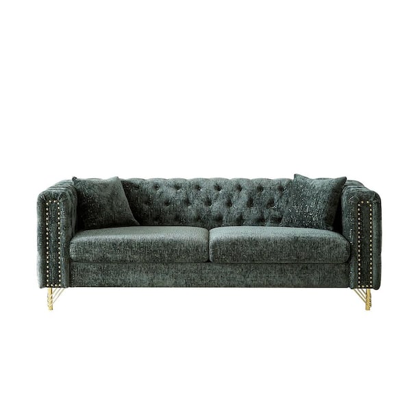 Unbranded Green Wood Outdoor Couch with Cushions, Buttons Tufted with Copper Nail Decoration Armrest, Gold Metal Legs