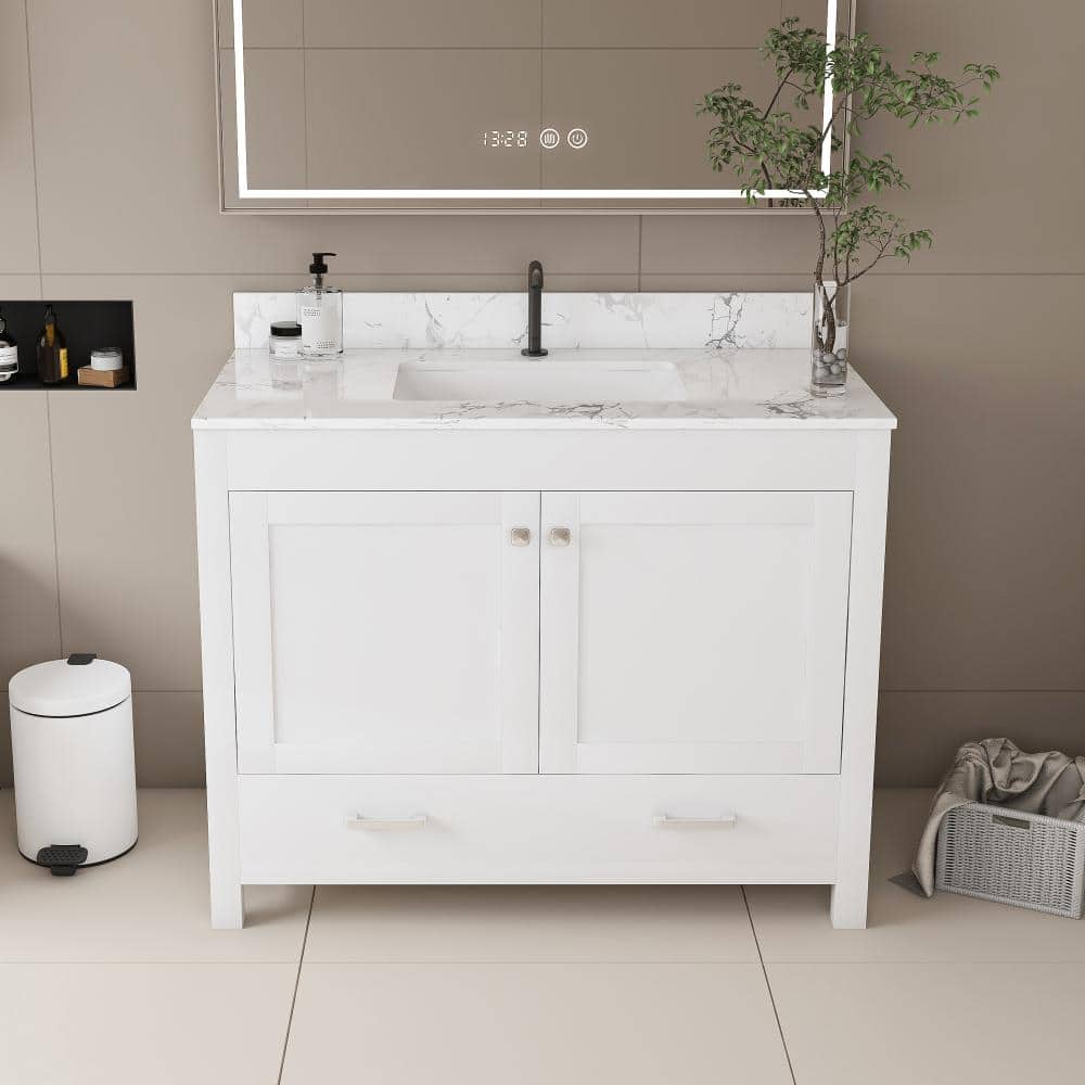 43 in. White Bathroom Vanity with Carrara White Artificial Marble Sink Top, Doors and Drawer price history on PriceWatchPro