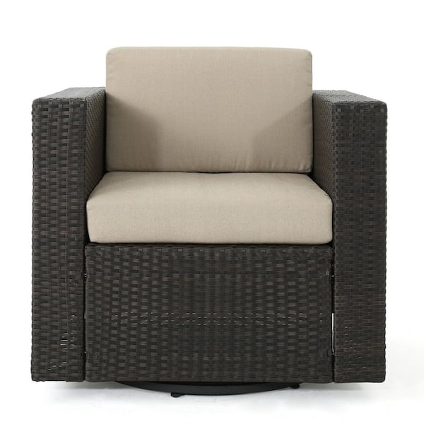Unbranded Dark Brown Wicker Outdoor Lounge Chair, Patio Swivel Chair with Beige Cushions for Backyard, Poolside, Garden or Porch