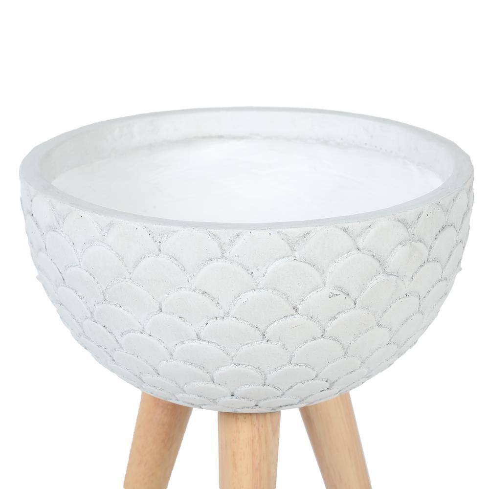White Scallop Embossed Round Planter with Wood Legs