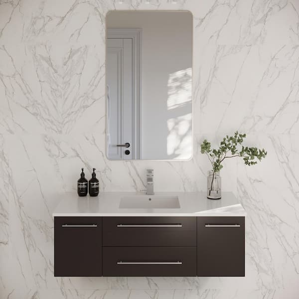 Lucera 48 in. Single Sink Wall Mount Floating Espresso Bath Vanity with White Quartz Top and Undermount Ceramic Sink
