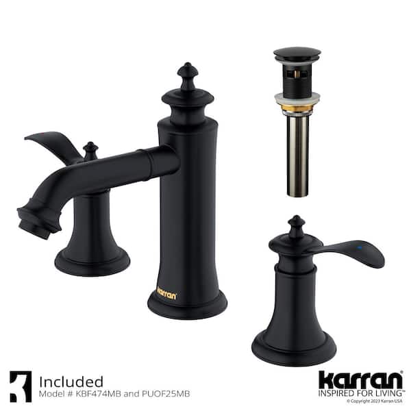 Vineyard Widespread 2-Handle 3 Hole Bathroom Faucet with Matching Pop-Up Drain in Matte Black