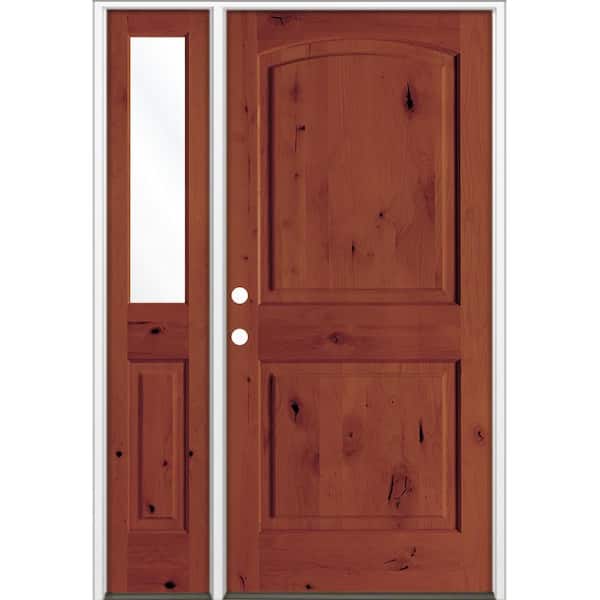 56 in. x 80 in. Knotty Alder 2-Panel Arch-Top Right-Hand/Inswing Clear Glass Amaretto Stain Wood Prehung Front Door LHSL