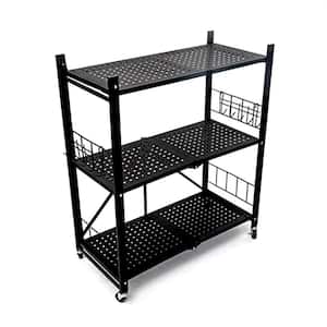 13.40 in. W x 33.00 in. H x 28.00 in. D Black 3-Tier Foldable Metal Storage Shelves With Wheels Organizer Rack