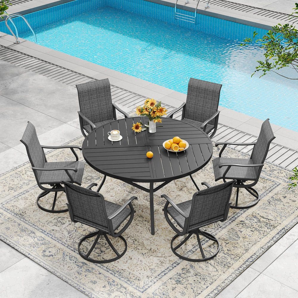 All Weather 7-Piece Metal Outdoor Patio Dining Set with 53.1 in. Black Round Table and 6 Dark Gray Swivel Dining Chairs price history on PriceWatchPro