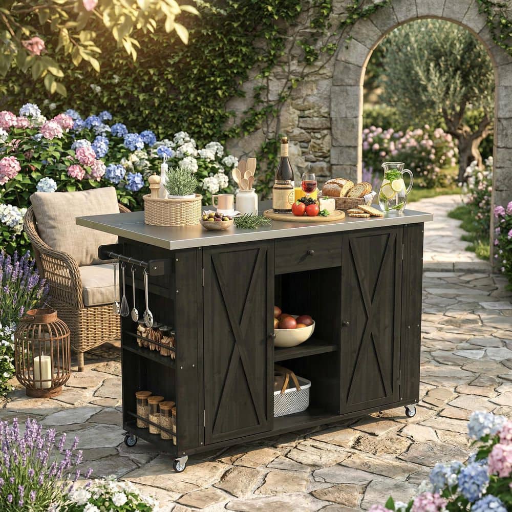 Black Fir Wood Outdoor Bar Cart Kitchen Island with Stainless