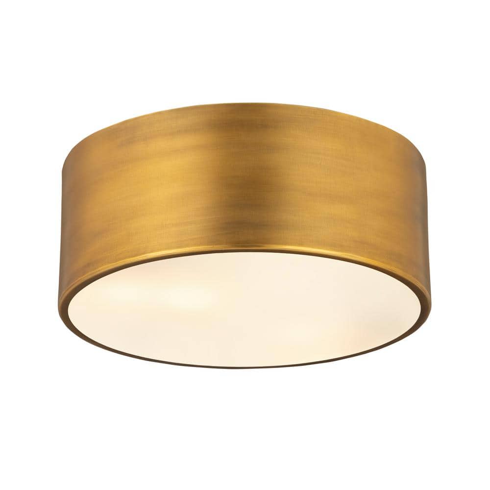 12" Rubbed Brass and Glass Drum LED Flush Mount Light