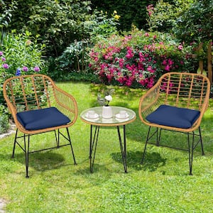 3-Piece Wicker Patio Conversation Set with Navy Cushions