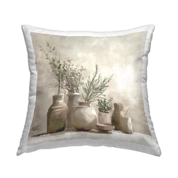 Stupell Industries Pottery Herbs Still Life Beige Print Polyester 18 in. x 18 in. Throw Pillow