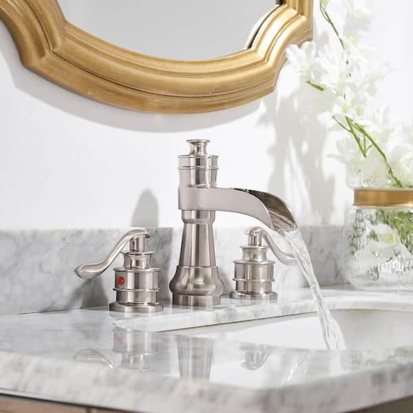 8 in. Waterfall Widespread 2-Handle Bathroom Faucet With Pop-up Drain Assembly in Spot Resist Brushed Nickel