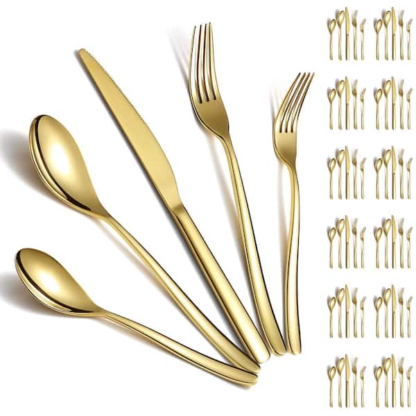 60-Piece Gold Titanium-Plated Stainless Steel Flatware Set, Service for 12, Dishwasher Safe