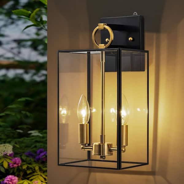 14. 5in 2-Light Dusk to Dawn Dark Bronze Finish Brass Outdoor Hardwired Wall Lantern Sconce with No Bulbs Included