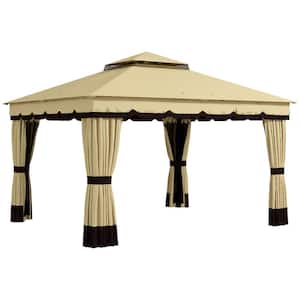 10 ft. x 12 ft. Beige Solid Metal Frame and Polyester Canopy, Double Roof Shelter with Netting and Curtains