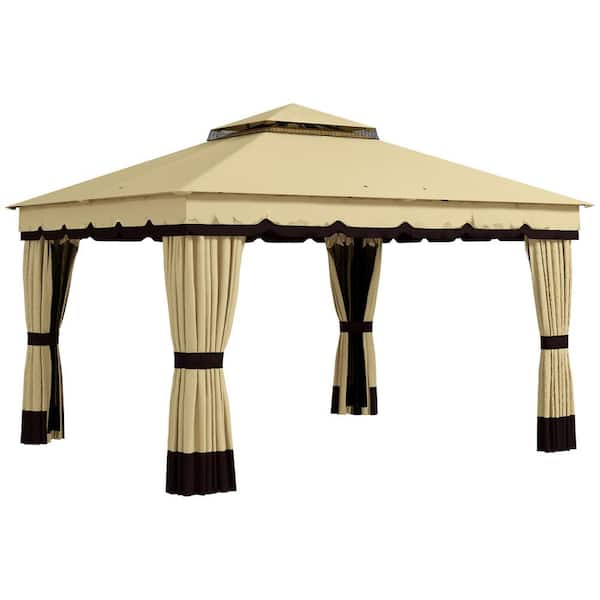 Outsunny 10 ft. x 12 ft. Beige Solid Metal Frame and Polyester Canopy, Double Roof Shelter with Netting and Curtains