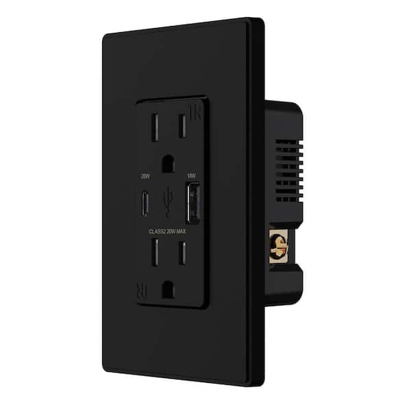 ELEGRP 20W USB Wall Outlet with Type A and Type C USB Ports for Power Delivery and Quick Charge, w/Wall Plate, Black (6 Pack)
