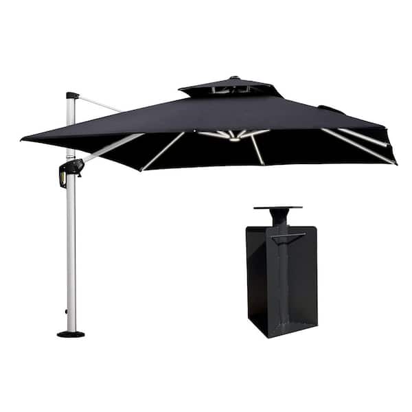 PURPLE LEAF 10 ft. Square Aluminum Solar Powered LED Patio Cantilever Offset Umbrella with Base in Ground, Black