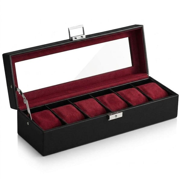 6-Slot Winered PU Leather Locking Watch Display Storage Case with
