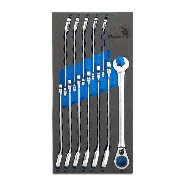 Capri Tools Metric 6-Point Long Pattern Reversible Ratcheting Combination Wrench Set with Mechanic's Tray (12-Piece)