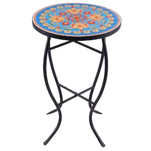 Black Metal Ceramic Tile Top Mosaic Outdoor Side Table, Blue Faberge