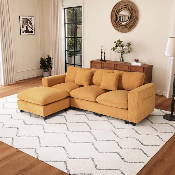 Hamilton 99 in. Square Arm 4-Piece Corduroy Upholstered Modular Sectional Sofa Ottoman Set w/ USB Charge Port in Mustard