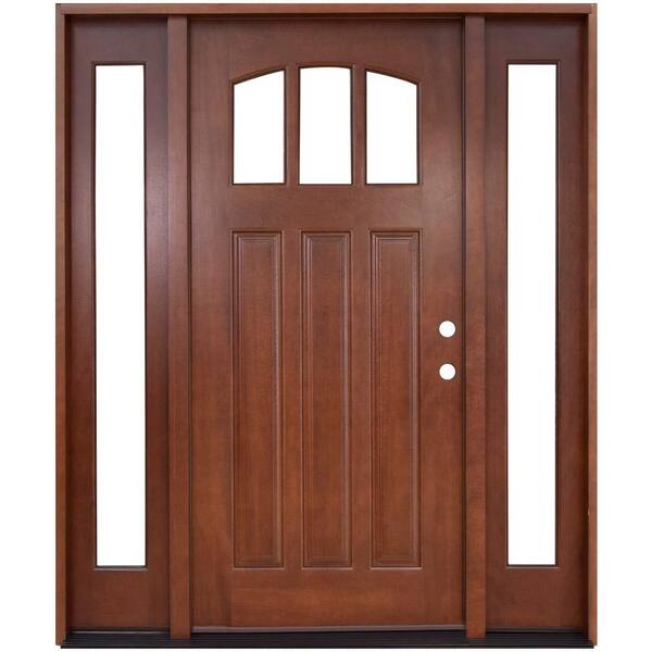 Steves & Sons 68 in. x 80 in. Craftsman 3 Lite Arch Stained Mahogany Wood Prehung Front Door with Sidelites