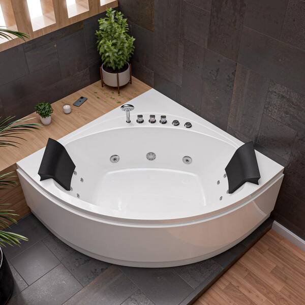 59 in. Acrylic Offset Drain Corner Apron Front Whirlpool Bathtub in White