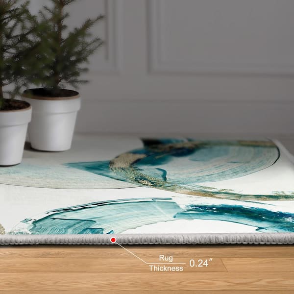 Blue 5 ft. x 8 ft. Gold Rings Washable Geometric Art Area Rug, Power-loomed, Heavenly Softness with Non-Slipping Backing