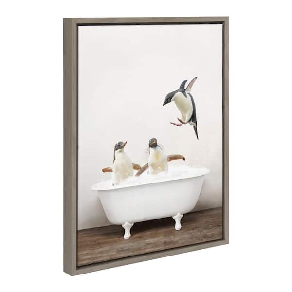 Sylvie "Penguins Playing in Rustic Bath" by Amy Peterson Art Studio Gray Framed Art Print 18 in. x 24 in.