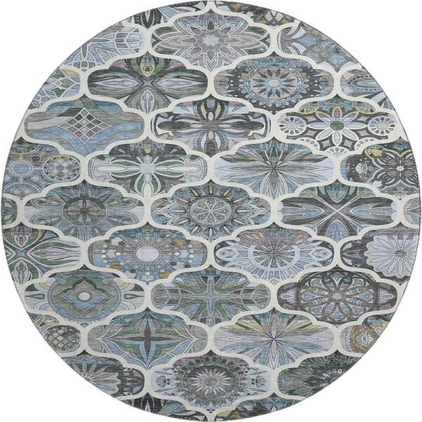 Mayfield Premium Machine Washable Abstract AMF2257 Blue 8 ft. x 8 ft. Round Rug
