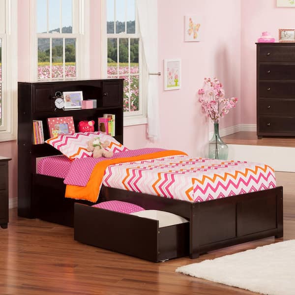 Newport Espresso Twin XL Solid Wood Storage Platform Bed with Flat Panel Foot Board and 2 Bed Drawers