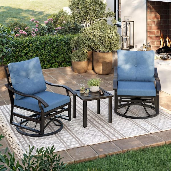 3-Piece Metal Patio Conversation Sectional Seating Set with Blue Cushion and Side Table
