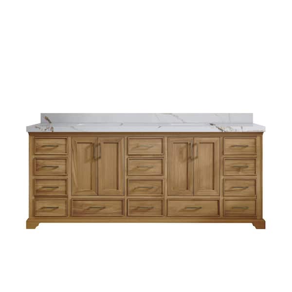Willow Collections Charlotte Teak 84 in. W x 22 in. D x 36 in. H Double Sink Bath Vanity in Premium Polish with 2 in. Calacatta Gold Top