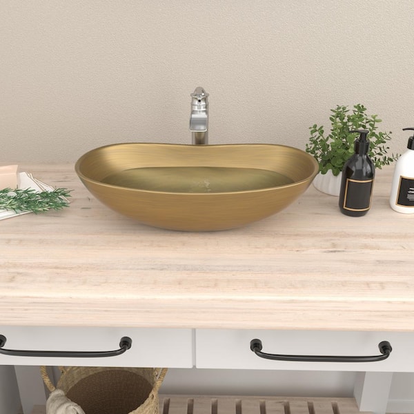 FUNKOL 24x14 Gold Ceramic Oval Bathroom Sink Above Counter Porcelain Vessel Sink Modern Large Vessel Sink Above Counter
