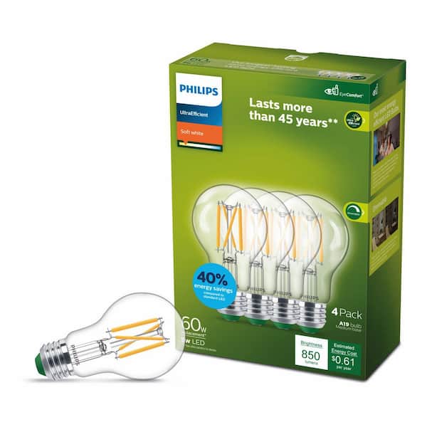 60-Watt Equivalent A19 Ultra Efficient Clear LED Light Bulb 2700K 4-Pack