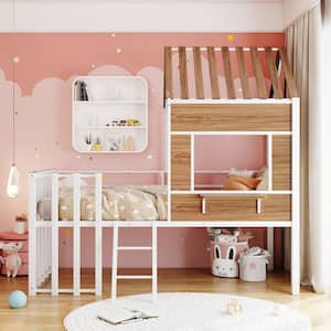 Playhouse White Twin Size Loft Bed for Kids, Metal Low Loft Bed with Wood Roof and Window, Fence-Shaped Guardrail