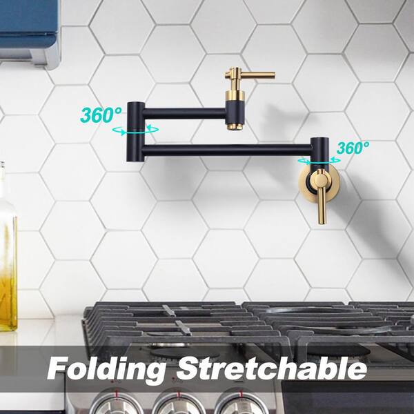 Contemporary Brass Wall Mount Pot Filler with Double Handles and Swing Arm Folding Kitchen Faucet in Black and Gold