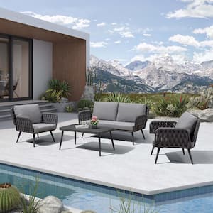 4-Pieces Aluminum Frame Patio Conversation Set Rope Outdoor Furniture with Table and cushions, Grey