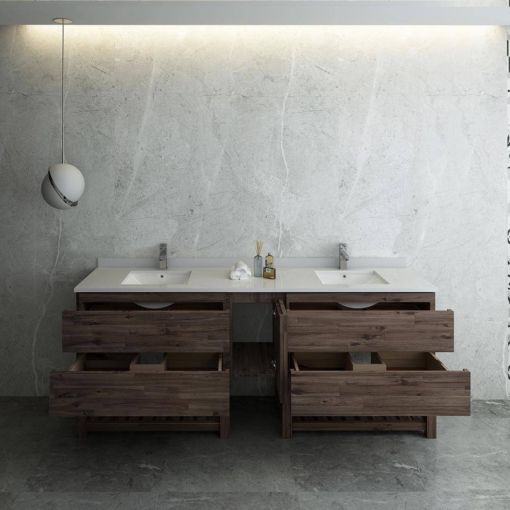 Acacia Wood 84" Double Sink Vanity with Quartz Top
