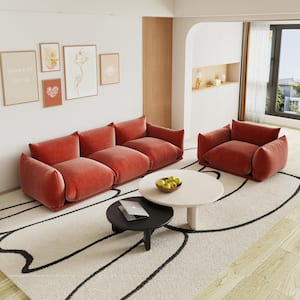 Modern Chenille Square Wide Seater Sofa Bread Shape Living Room Set (1-Seat plus 3-Seats), Orange