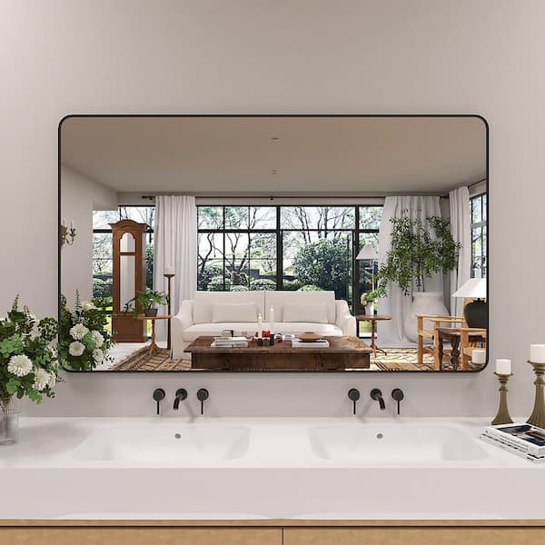 Dew 60 in. W x 36 in. H Rectangular Framed Wall Bathroom Vanity Mirror in Matte Black
