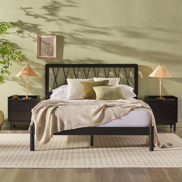Walker Edison Furniture Company Modern Black Solid Wood Frame Queen Platform Bed with Geometric X Design Headboard
