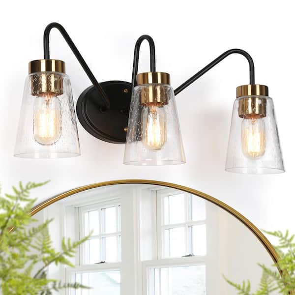 Zevni 21.5 in. 3-Light Black Modern Bathroom Vanity Light, Brass Gold Bath Lighting with Cone Seeded Glass Shades