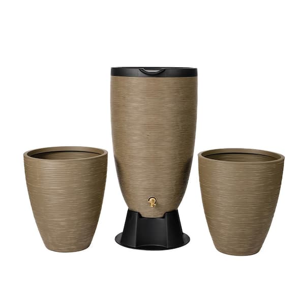 50 Gal.Polyethylene Newport Rain Barrel, Rain Barrel Stand and Planter Bundle, Sandstone Color
