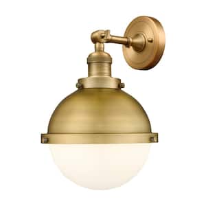 Franklin Restoration Hampden 9 in. 1-Light Brushed Brass Wall Sconce with Matte White Glass Shade