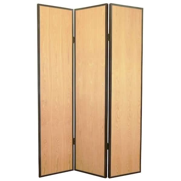 Benjara Brown Foldable 3-Panel Wooden Screen with Faux Leather Trim